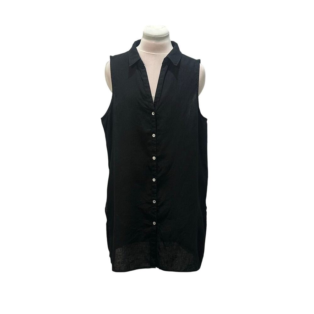 TAHARI 100% Linen Black Sleeveless Button Up Top LARGE Resortwear Cover Up Beach